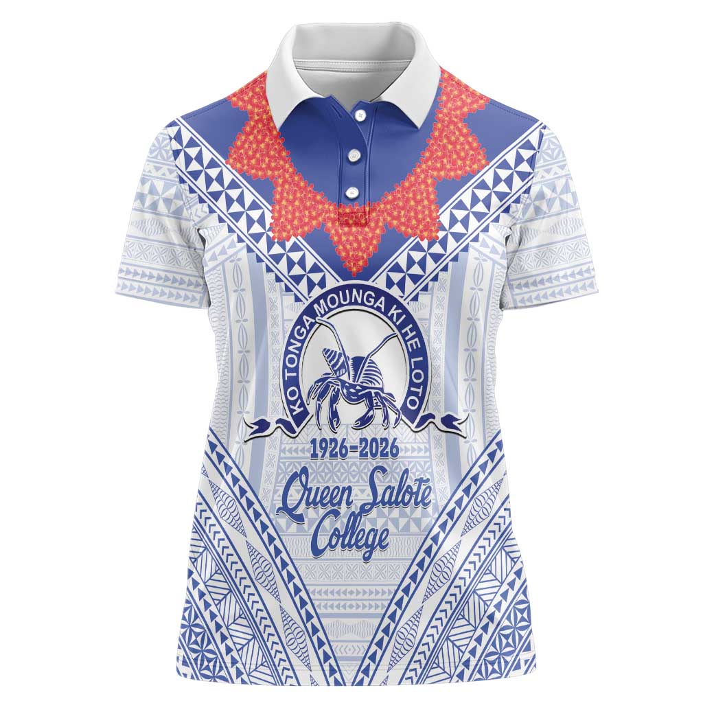 Queen Salote College 100 Years Personalized Women Polo Shirt Tonga QSC Heilala Lei White Ngatu Pattern LT14 Female White - Polynesian Pride