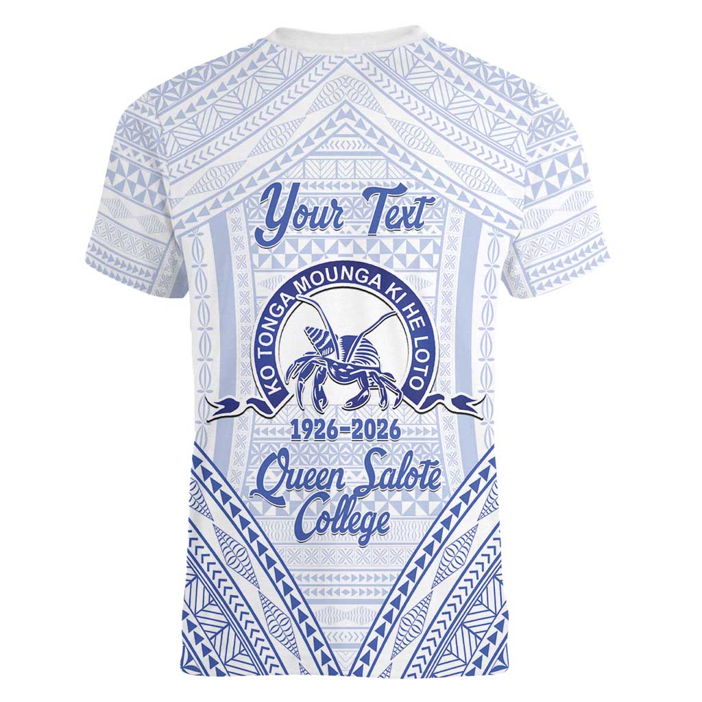 Queen Salote College 100 Years Personalized Women V-Neck T-Shirt Tonga QSC Heilala Lei White Ngatu Pattern