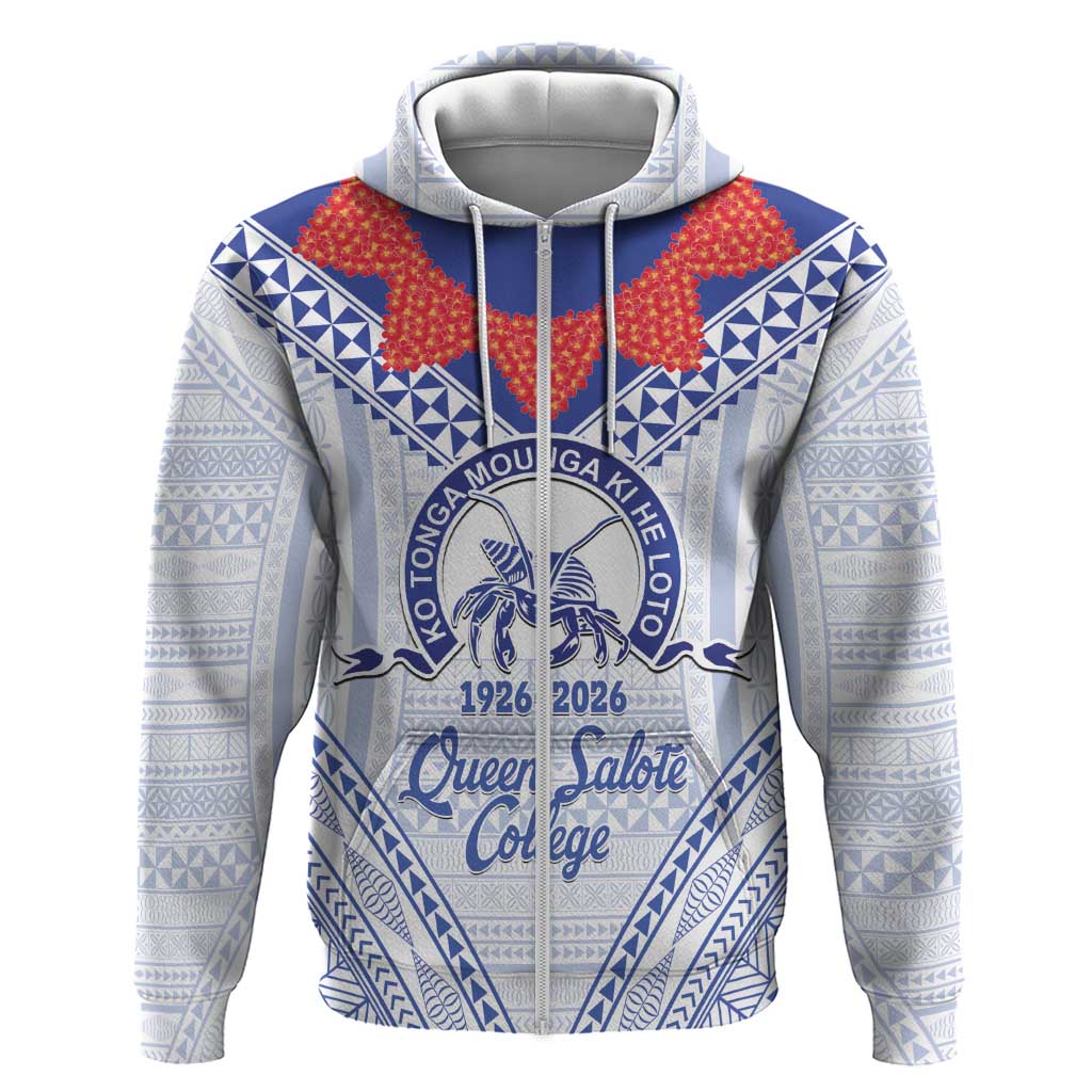 Queen Salote College 100 Years Personalized Zip Hoodie Tonga QSC Heilala Lei White Ngatu Pattern LT14 Zip Hoodie White - Polynesian Pride