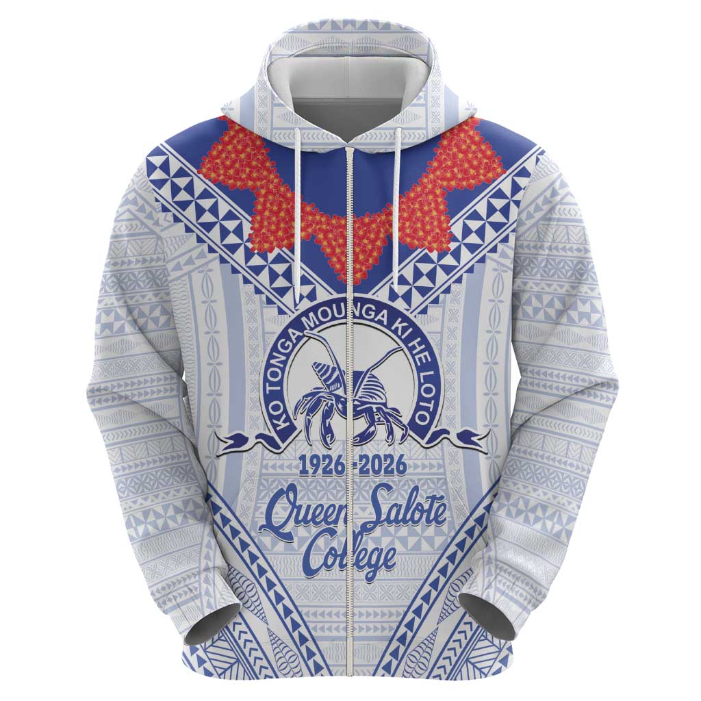 Queen Salote College 100 Years Personalized Zip Hoodie Tonga QSC Heilala Lei White Ngatu Pattern LT14 - Polynesian Pride