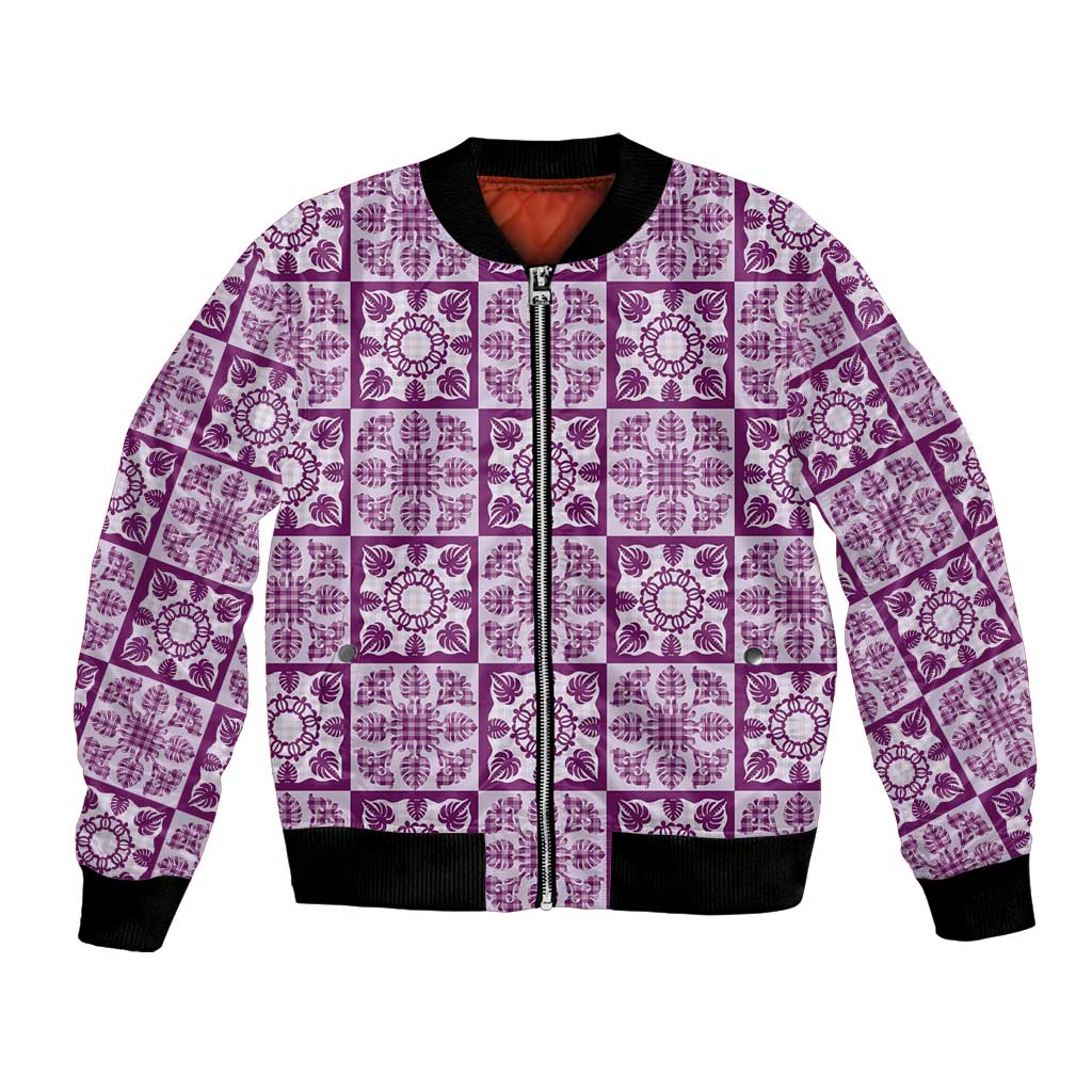 Poni Palaka Quilt Hawaii Bomber Jacket Hawaiian Tropical Monstera Sea Turtle LT14 Unisex Purple - Polynesian Pride