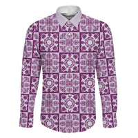 Poni Palaka Quilt Hawaii Family Matching Off Shoulder Maxi Dress and Hawaiian Shirt Hawaiian Tropical Monstera Sea Turtle LT14 Dad's Shirt - Long Sleeve Purple - Polynesian Pride