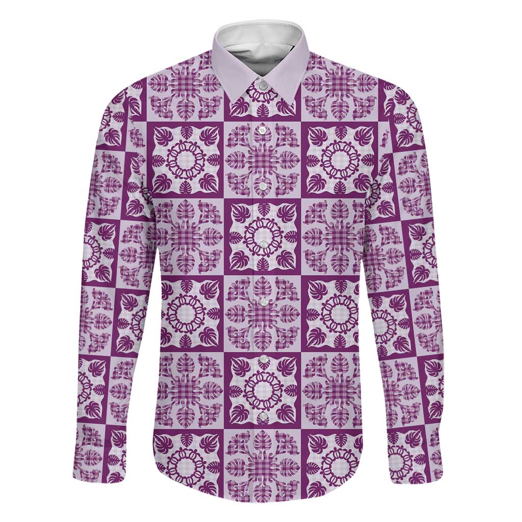 Poni Palaka Quilt Hawaii Family Matching Off Shoulder Short Dress and Hawaiian Shirt Hawaiian Tropical Monstera Sea Turtle LT14 Dad's Shirt - Long Sleeve Purple - Polynesian Pride