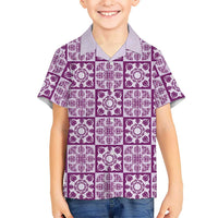 Poni Palaka Quilt Hawaii Family Matching Off Shoulder Short Dress and Hawaiian Shirt Hawaiian Tropical Monstera Sea Turtle LT14 Son's Shirt Purple - Polynesian Pride