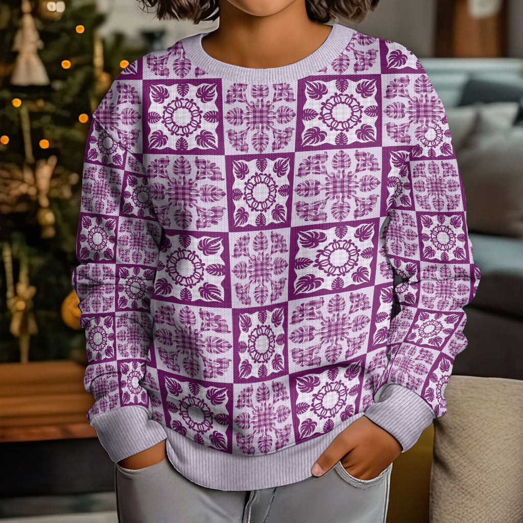 Poni Palaka Quilt Hawaii Kid Ugly Christmas Sweater Hawaiian Tropical Monstera Sea Turtle