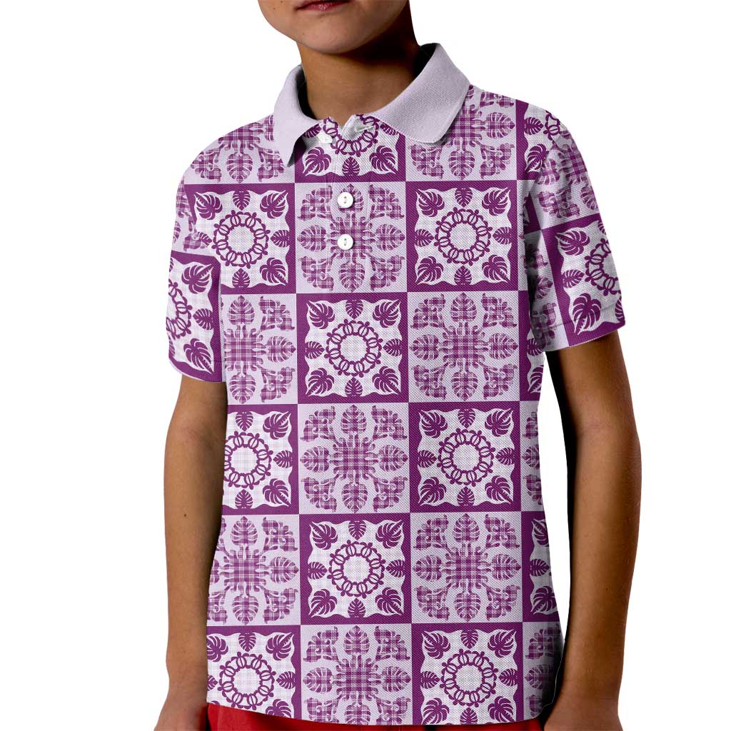 Poni Palaka Quilt Hawaii Kid Polo Shirt Hawaiian Tropical Monstera Sea Turtle LT14 Kid Purple - Polynesian Pride