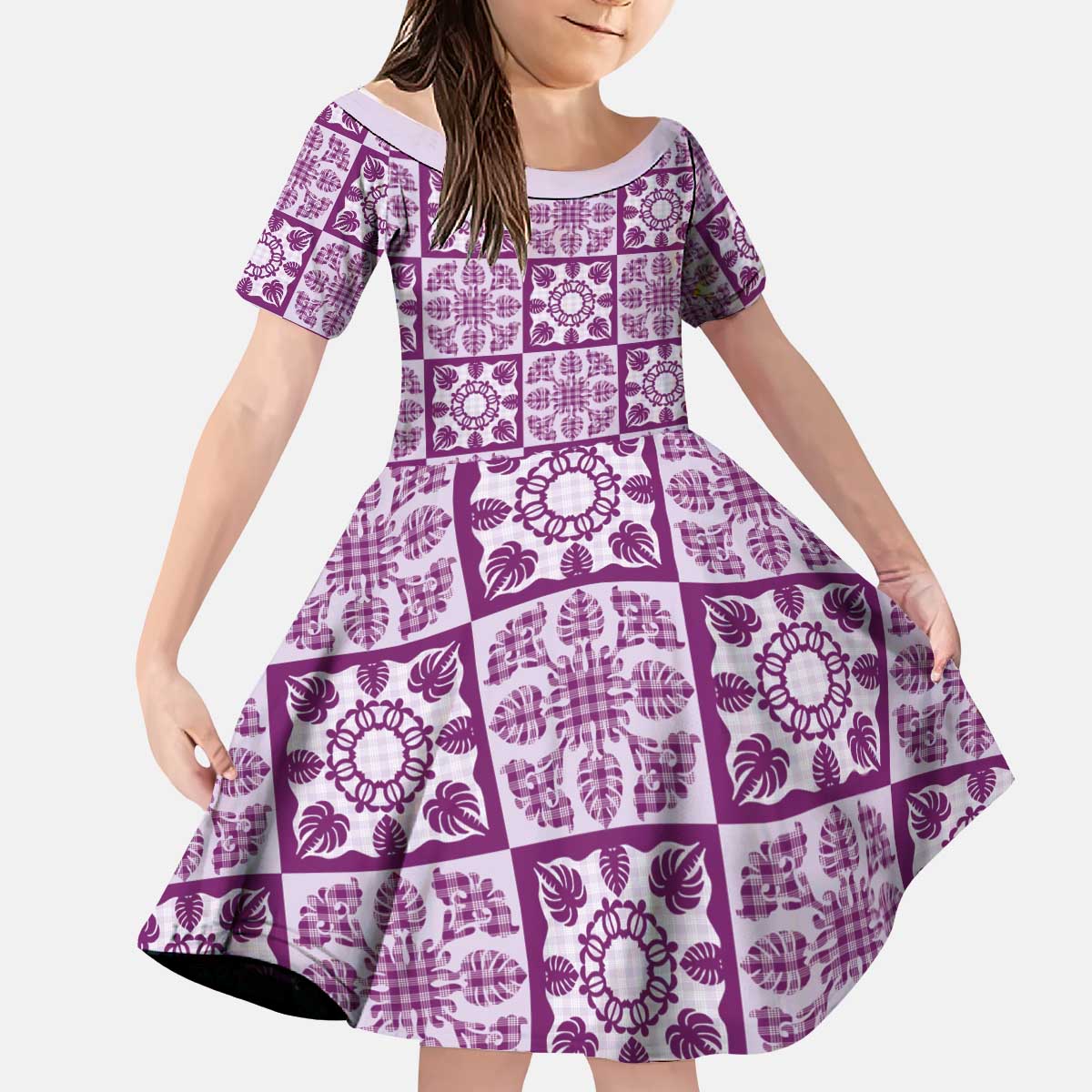 Poni Palaka Quilt Hawaii Kid Short Sleeve Dress Hawaiian Tropical Monstera Sea Turtle