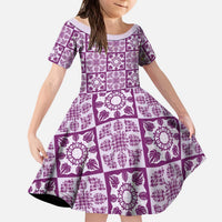 Poni Palaka Quilt Hawaii Kid Short Sleeve Dress Hawaiian Tropical Monstera Sea Turtle