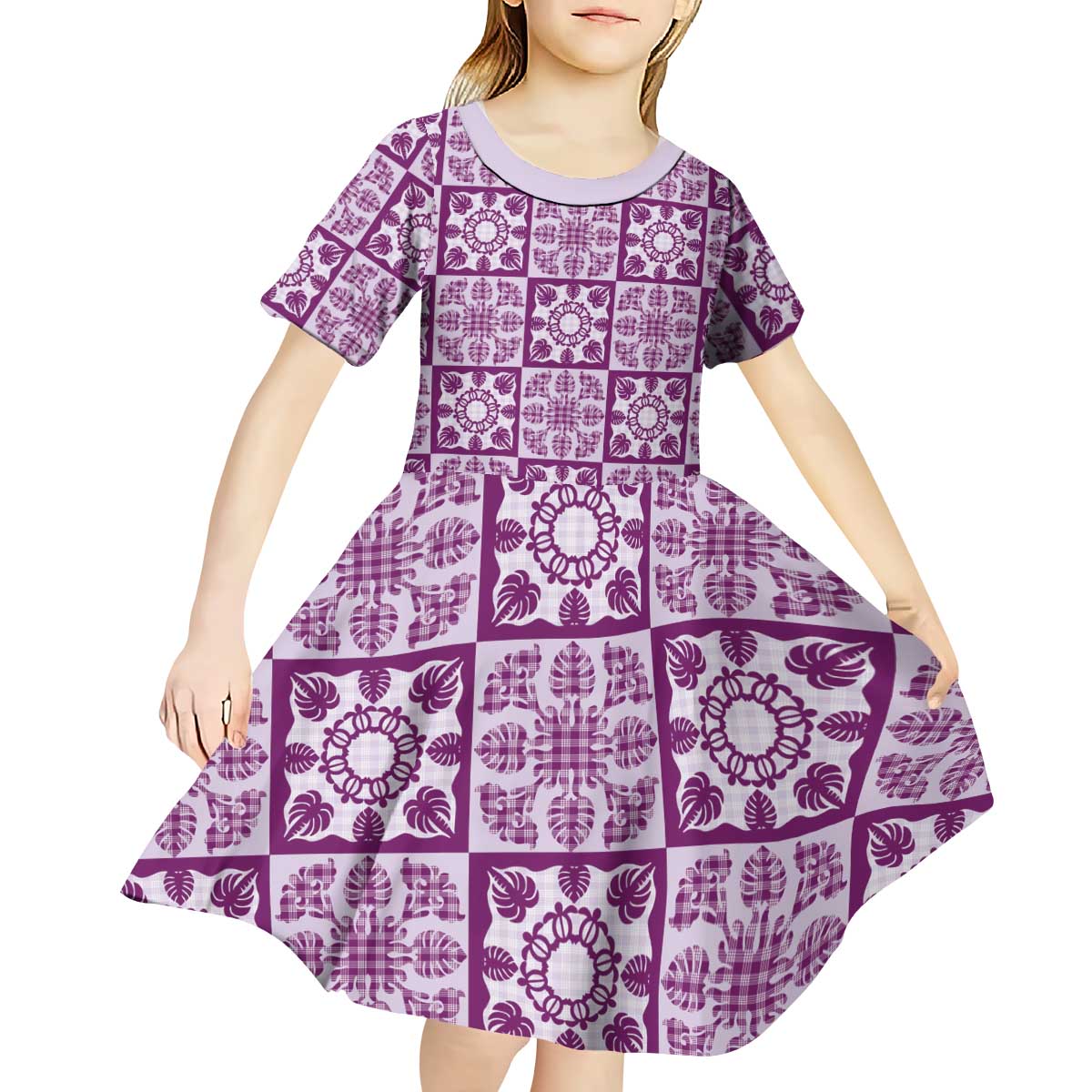 Poni Palaka Quilt Hawaii Kid Short Sleeve Dress Hawaiian Tropical Monstera Sea Turtle