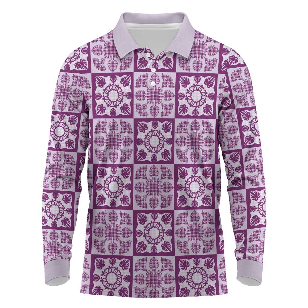 Poni Palaka Quilt Hawaii Long Sleeve Polo Shirt Hawaiian Tropical Monstera Sea Turtle