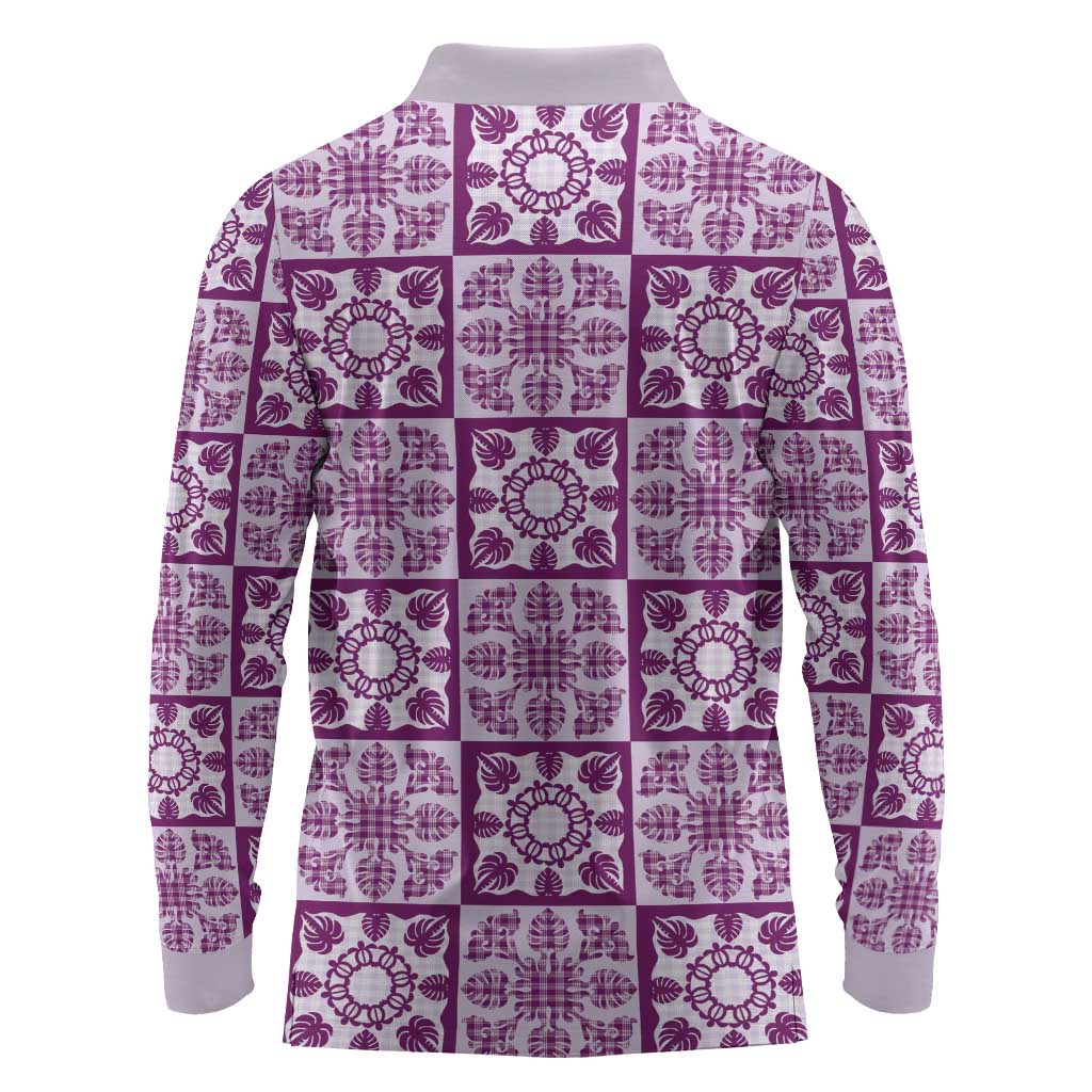 Poni Palaka Quilt Hawaii Long Sleeve Polo Shirt Hawaiian Tropical Monstera Sea Turtle