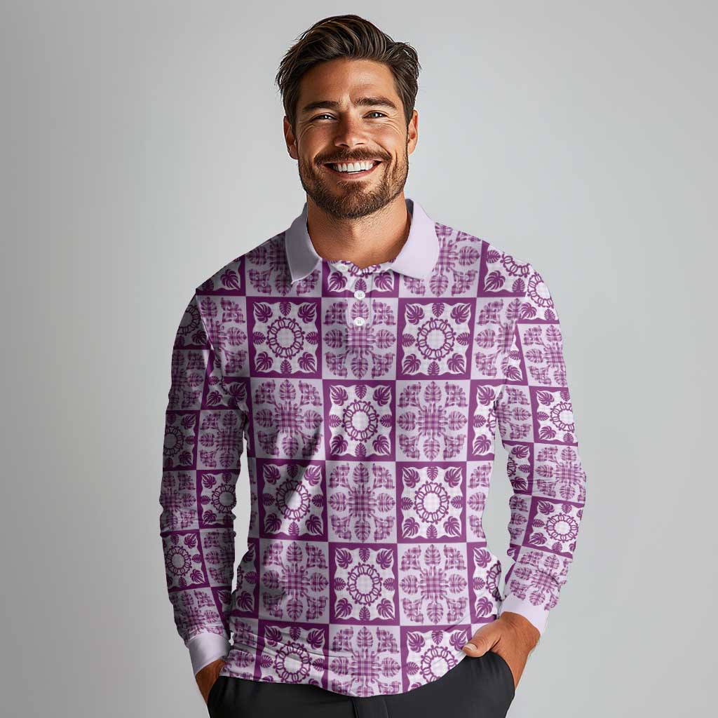 Poni Palaka Quilt Hawaii Long Sleeve Polo Shirt Hawaiian Tropical Monstera Sea Turtle