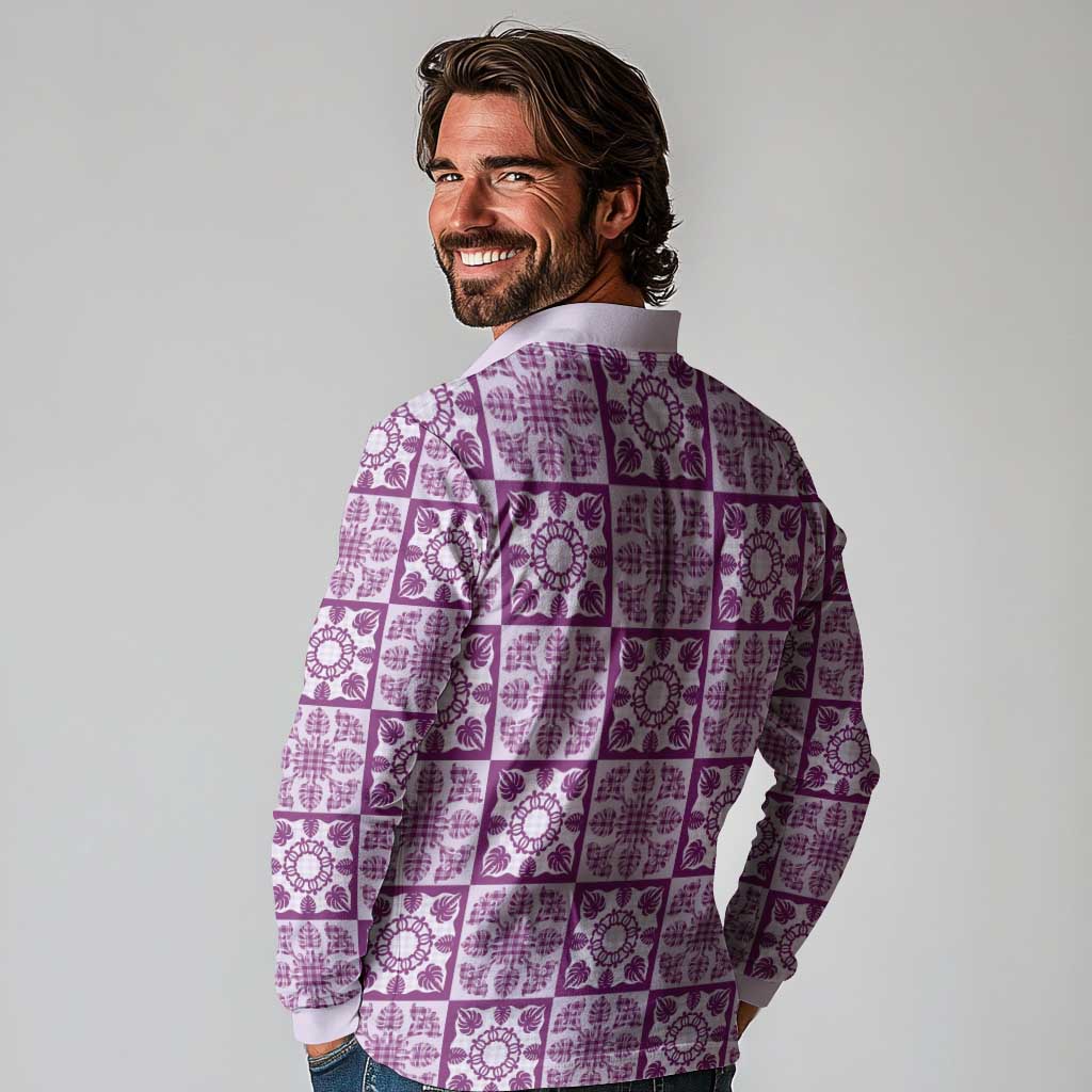 Poni Palaka Quilt Hawaii Long Sleeve Polo Shirt Hawaiian Tropical Monstera Sea Turtle