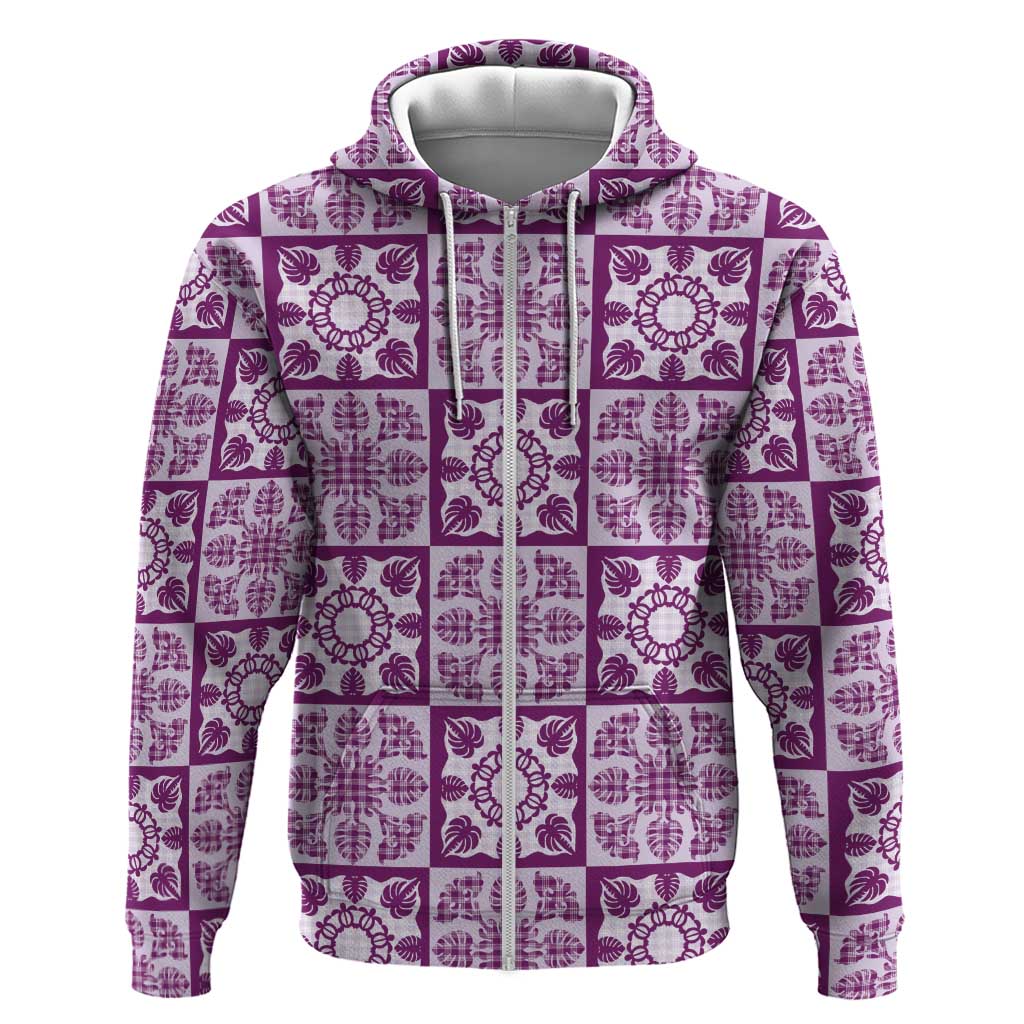Poni Palaka Quilt Hawaii Zip Hoodie Hawaiian Tropical Monstera Sea Turtle LT14 Zip Hoodie Purple - Polynesian Pride