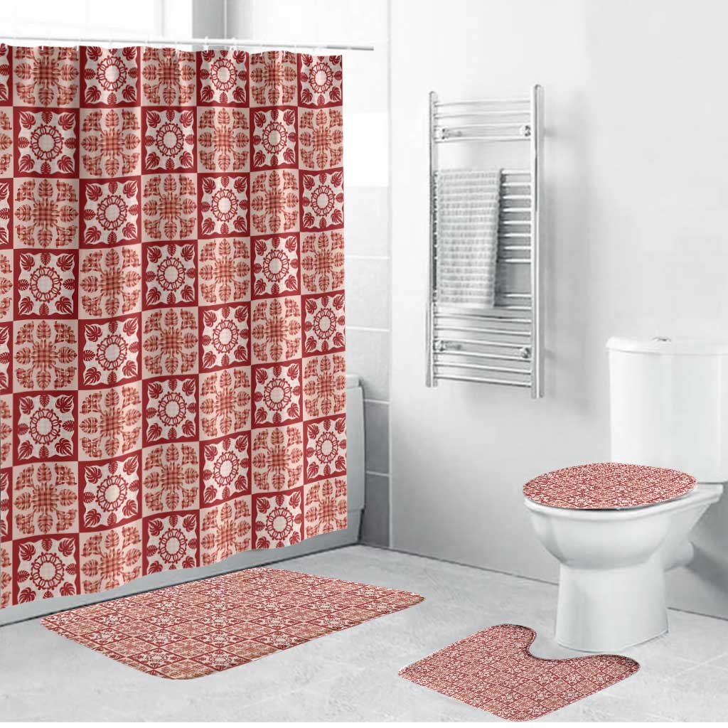 Ulaula Palaka Quilt Hawaii Bathroom Set Hawaiian Tropical Monstera Sea Turtle