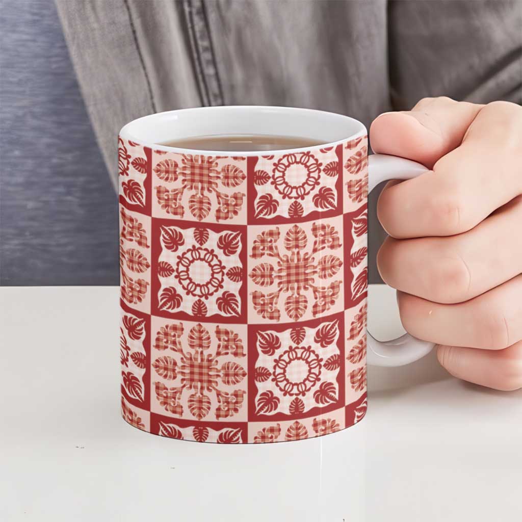 Ulaula Palaka Quilt Hawaii Ceramic Mug Hawaiian Tropical Monstera Sea Turtle