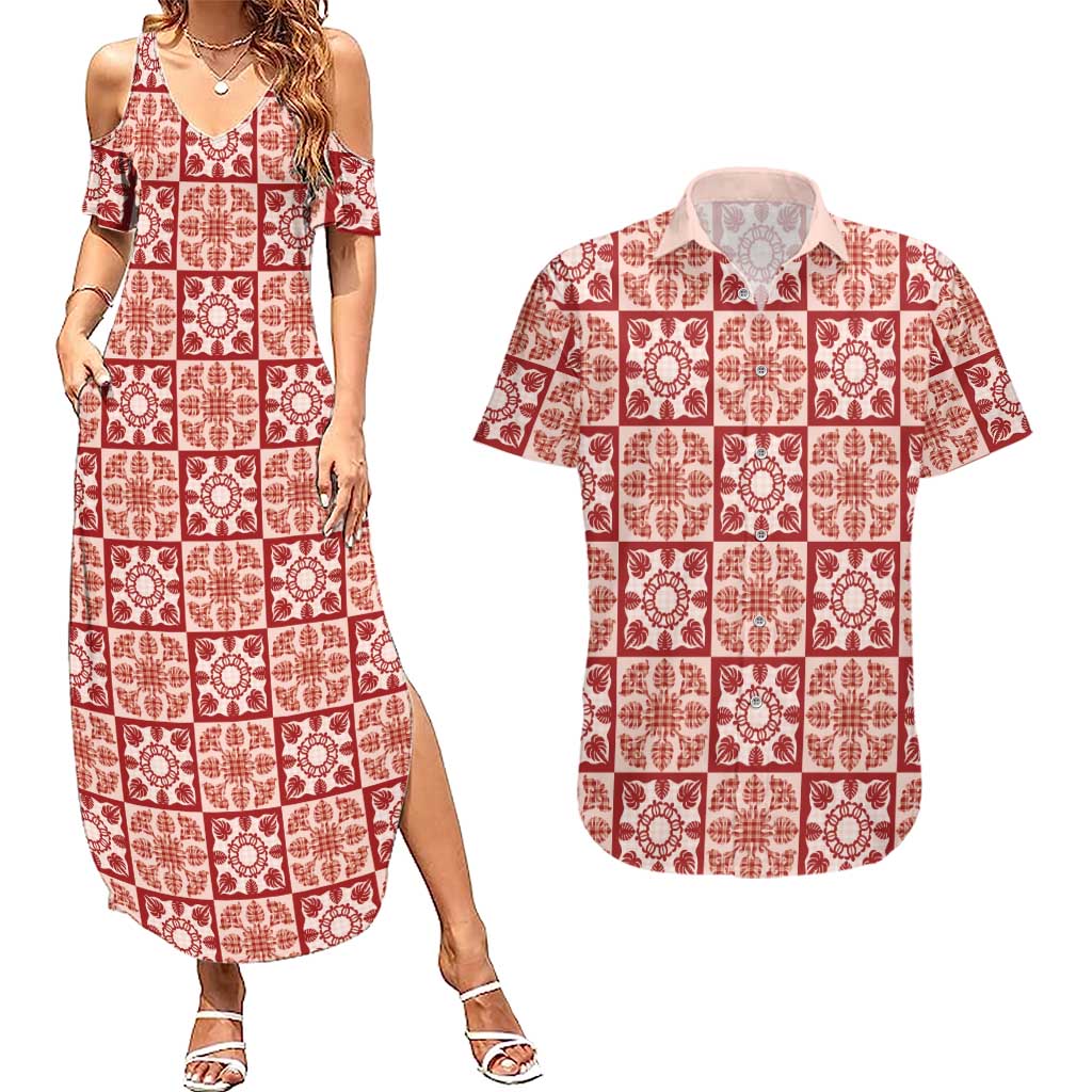 Ulaula Palaka Quilt Hawaii Couples Matching Summer Maxi Dress and Hawaiian Shirt Hawaiian Tropical Monstera Sea Turtle