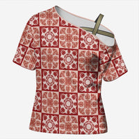 Ulaula Palaka Quilt Hawaii Cross Shoulder Shirt Hawaiian Tropical Monstera Sea Turtle LT14 Female Red - Polynesian Pride
