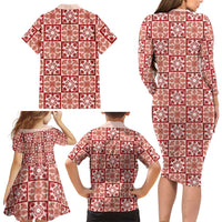 Ulaula Palaka Quilt Hawaii Family Matching Long Sleeve Bodycon Dress and Hawaiian Shirt Hawaiian Tropical Monstera Sea Turtle