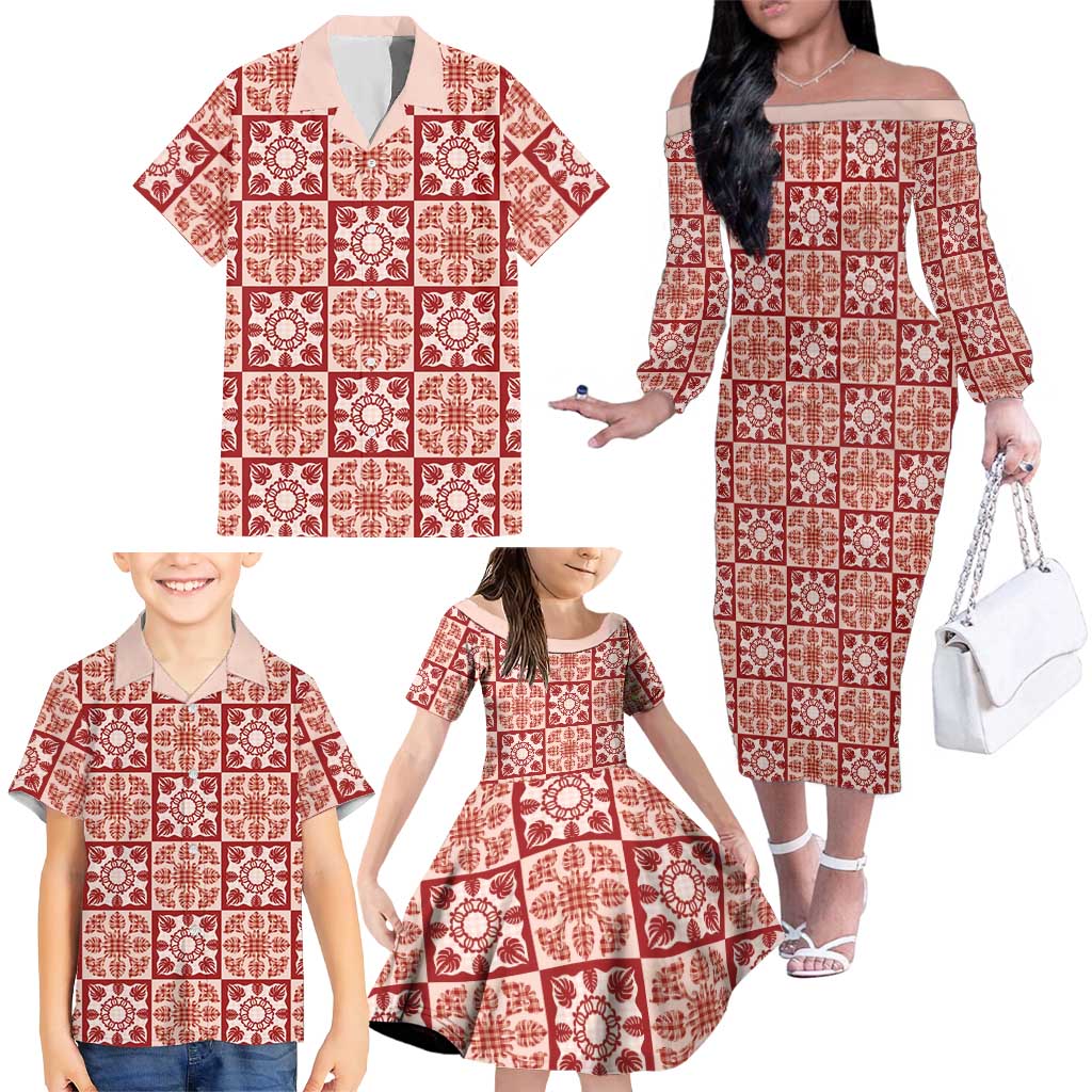 Ulaula Palaka Quilt Hawaii Family Matching Off The Shoulder Long Sleeve Dress and Hawaiian Shirt Hawaiian Tropical Monstera Sea Turtle