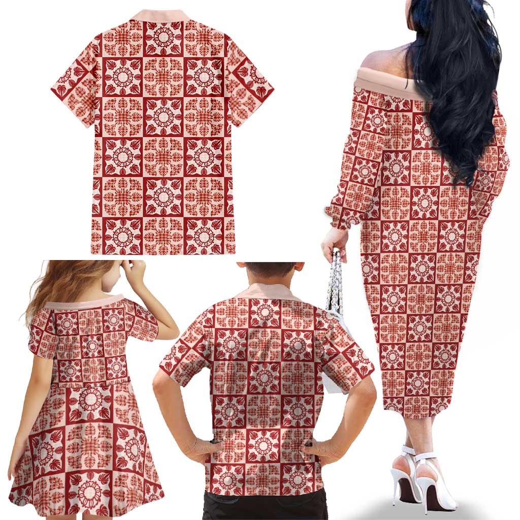 Ulaula Palaka Quilt Hawaii Family Matching Off The Shoulder Long Sleeve Dress and Hawaiian Shirt Hawaiian Tropical Monstera Sea Turtle