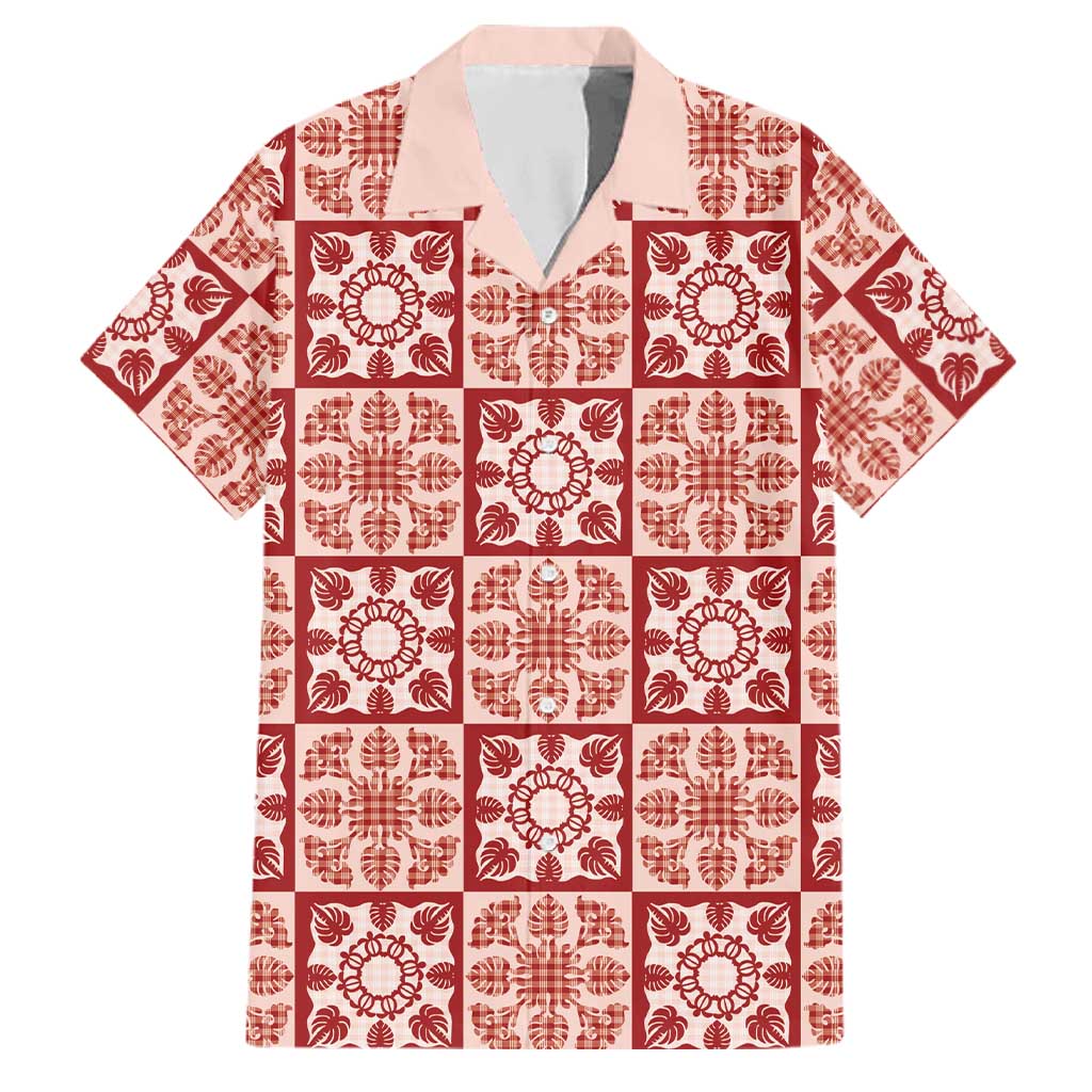 Ulaula Palaka Quilt Hawaii Family Matching Off Shoulder Maxi Dress and Hawaiian Shirt Hawaiian Tropical Monstera Sea Turtle LT14 Dad's Shirt - Short Sleeve Red - Polynesian Pride