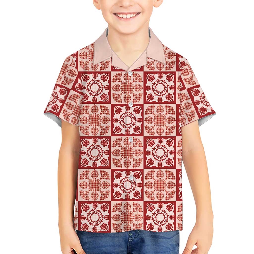 Ulaula Palaka Quilt Hawaii Family Matching Off Shoulder Maxi Dress and Hawaiian Shirt Hawaiian Tropical Monstera Sea Turtle LT14 Son's Shirt Red - Polynesian Pride