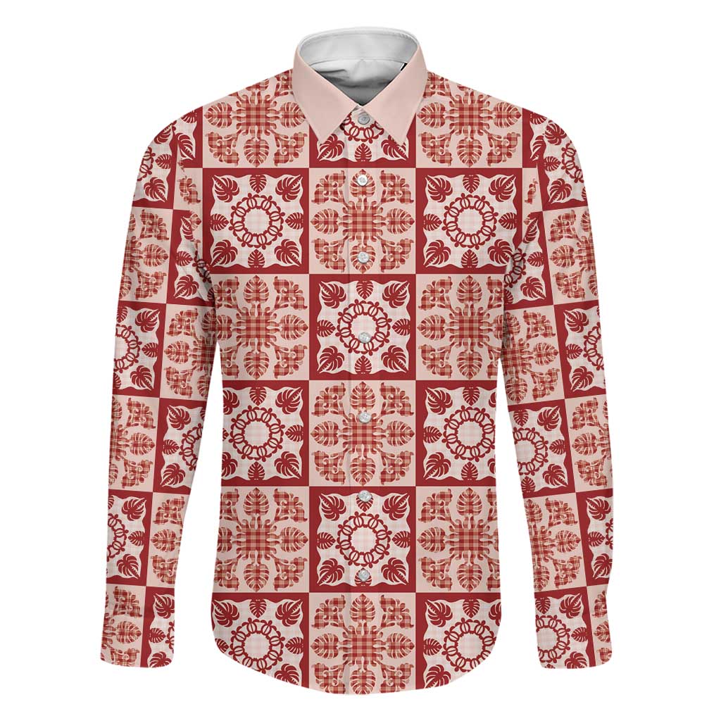 Ulaula Palaka Quilt Hawaii Family Matching Puletasi and Hawaiian Shirt Hawaiian Tropical Monstera Sea Turtle LT14 Dad's Shirt - Long Sleeve Red - Polynesian Pride