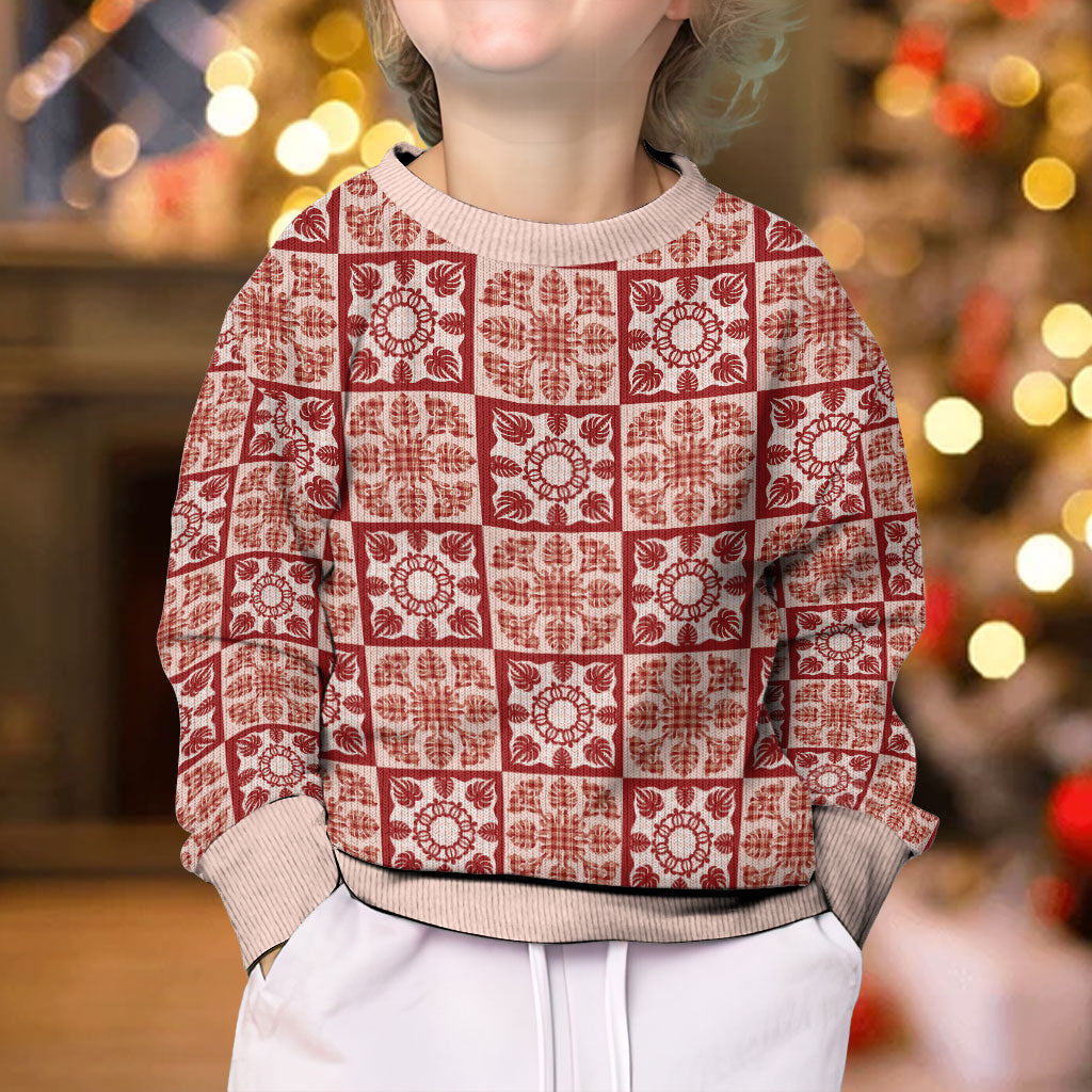 Ulaula Palaka Quilt Hawaii Kid Ugly Christmas Sweater Hawaiian Tropical Monstera Sea Turtle