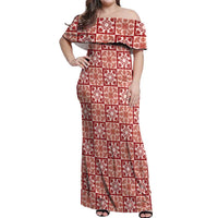 Ulaula Palaka Quilt Hawaii Off Shoulder Maxi Dress Hawaiian Tropical Monstera Sea Turtle