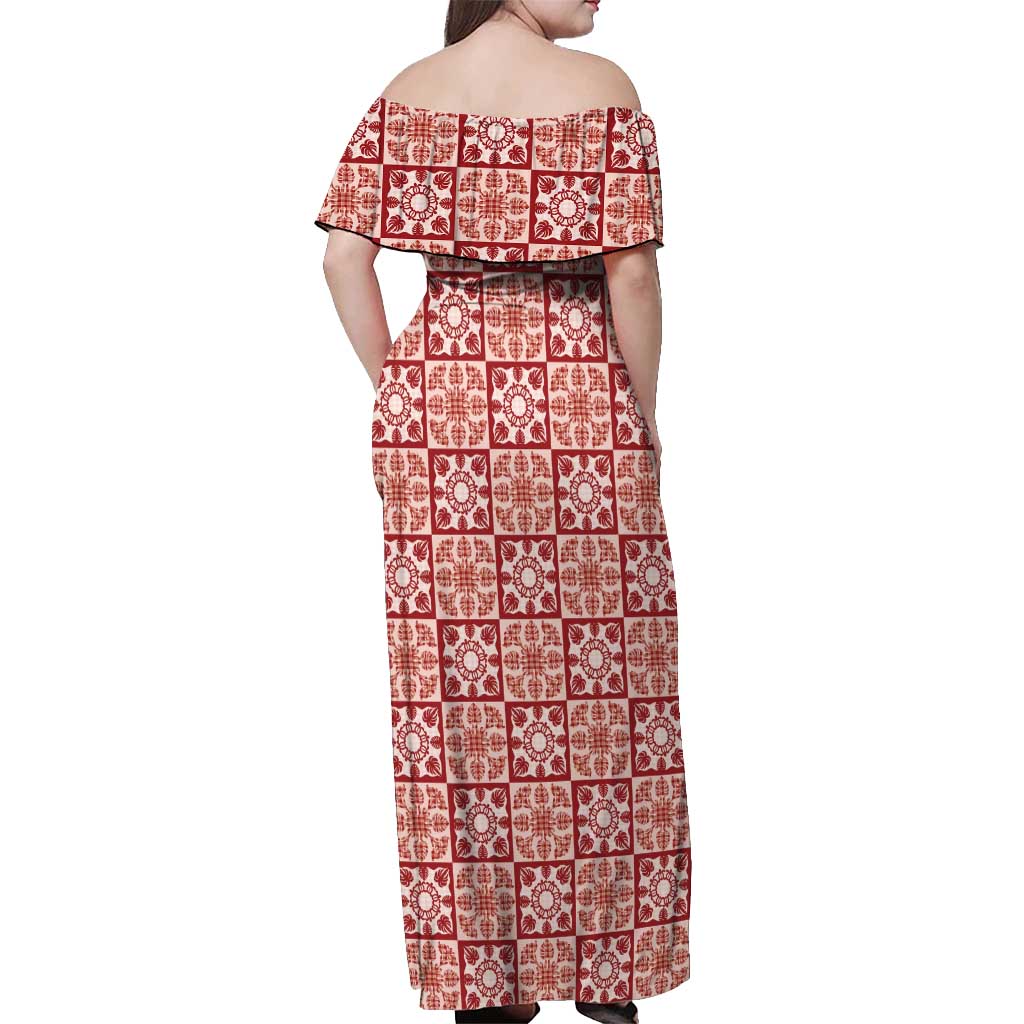 Ulaula Palaka Quilt Hawaii Off Shoulder Maxi Dress Hawaiian Tropical Monstera Sea Turtle