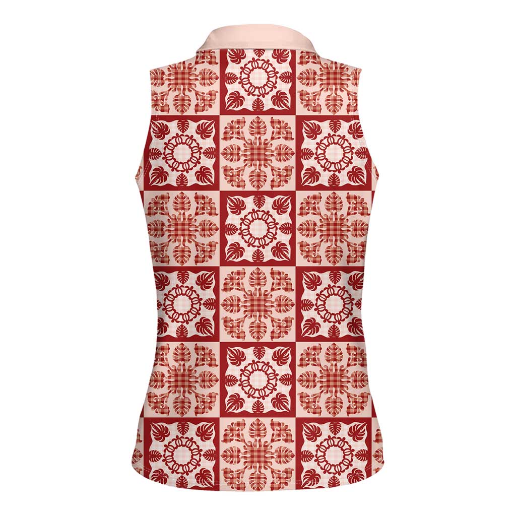 Ulaula Palaka Quilt Hawaii Women Sleeveless Polo Shirt Hawaiian Tropical Monstera Sea Turtle