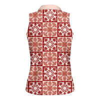 Ulaula Palaka Quilt Hawaii Women Sleeveless Polo Shirt Hawaiian Tropical Monstera Sea Turtle