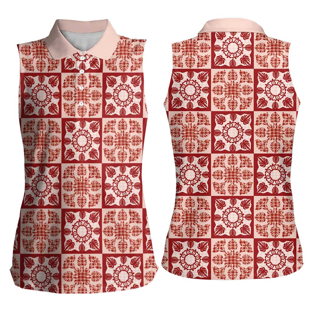 Ulaula Palaka Quilt Hawaii Women Sleeveless Polo Shirt Hawaiian Tropical Monstera Sea Turtle