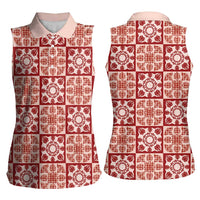 Ulaula Palaka Quilt Hawaii Women Sleeveless Polo Shirt Hawaiian Tropical Monstera Sea Turtle