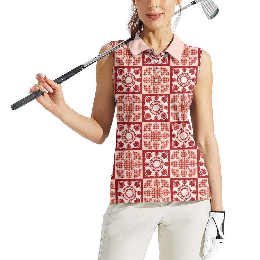Ulaula Palaka Quilt Hawaii Women Sleeveless Polo Shirt Hawaiian Tropical Monstera Sea Turtle