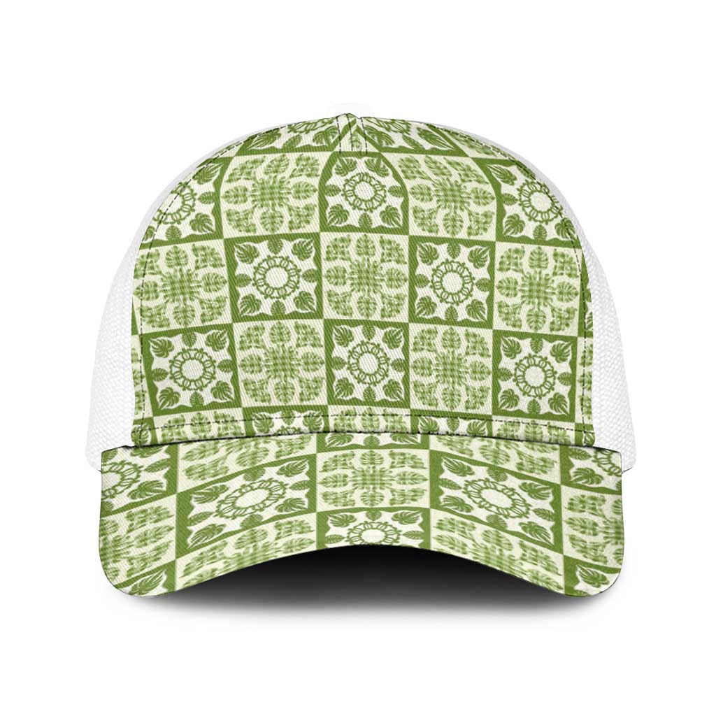 Omaomao Palaka Quilt Hawaii Baseball Net Cap Hawaiian Tropical Monstera Sea Turtle LT14 One Size White Green - Polynesian Pride