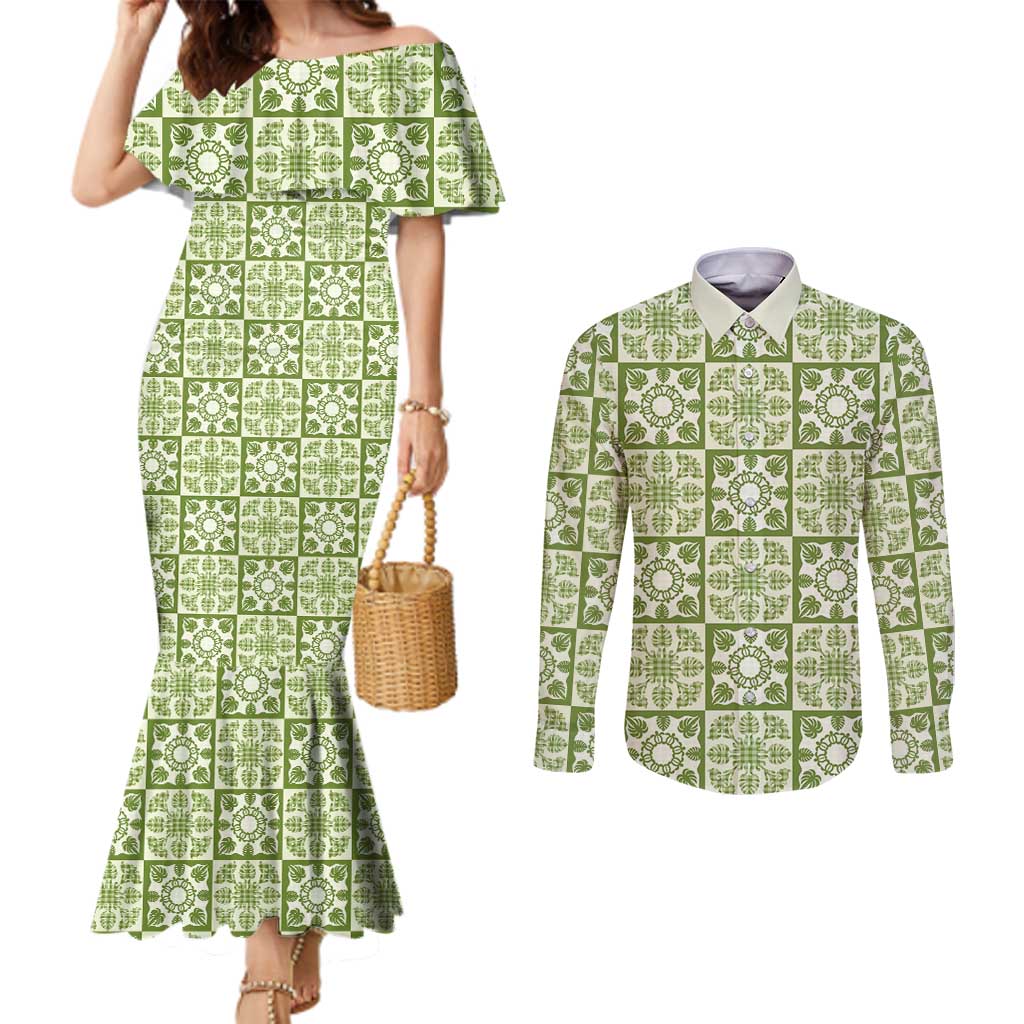 Omaomao Palaka Quilt Hawaii Couples Matching Mermaid Dress and Long Sleeve Button Shirt Hawaiian Tropical Monstera Sea Turtle