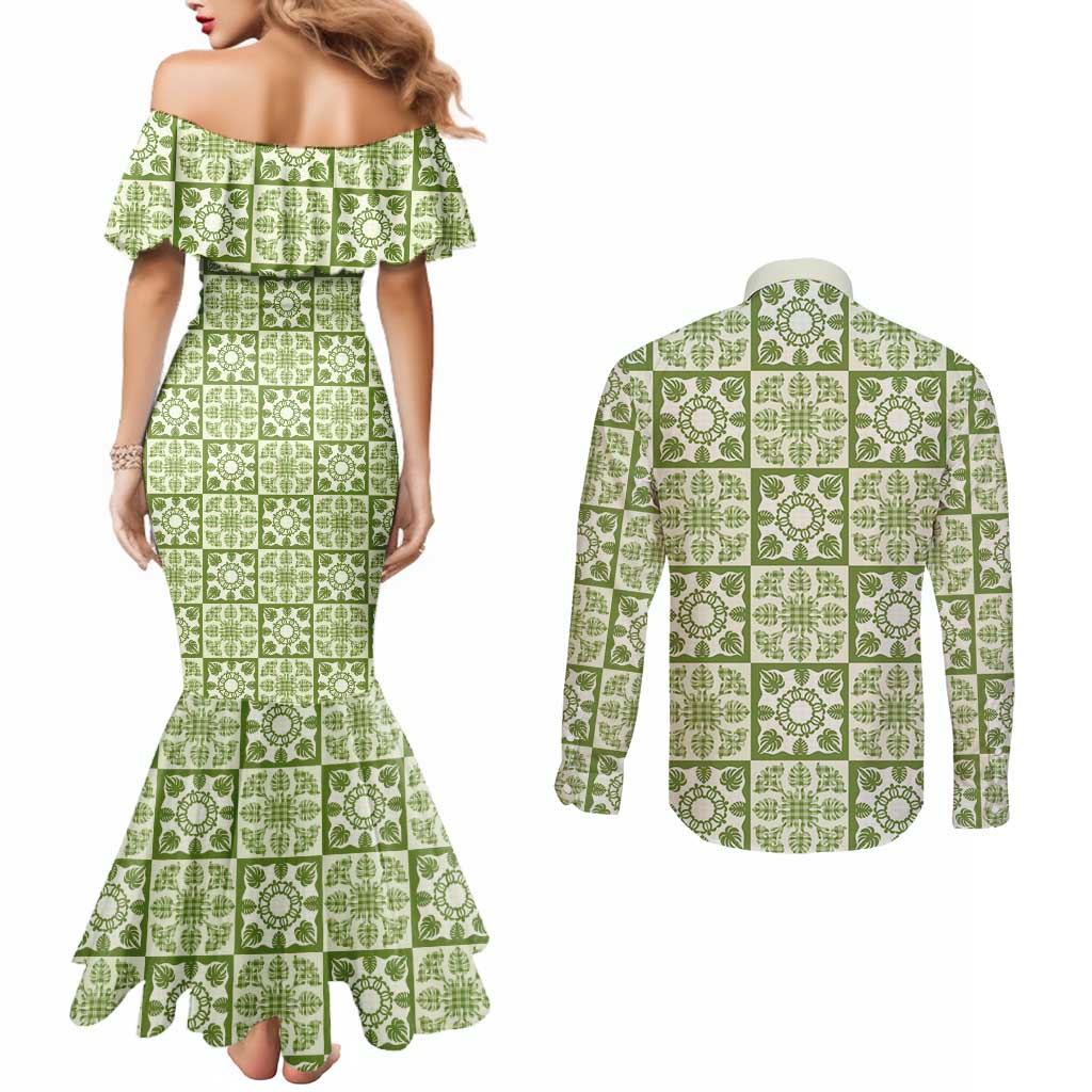 Omaomao Palaka Quilt Hawaii Couples Matching Mermaid Dress and Long Sleeve Button Shirt Hawaiian Tropical Monstera Sea Turtle