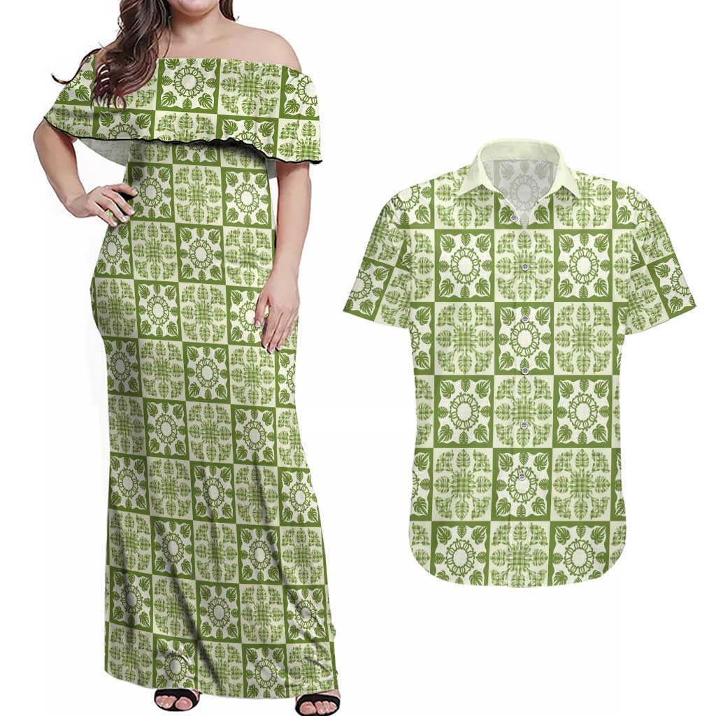 Omaomao Palaka Quilt Hawaii Couples Matching Off Shoulder Maxi Dress and Hawaiian Shirt Hawaiian Tropical Monstera Sea Turtle