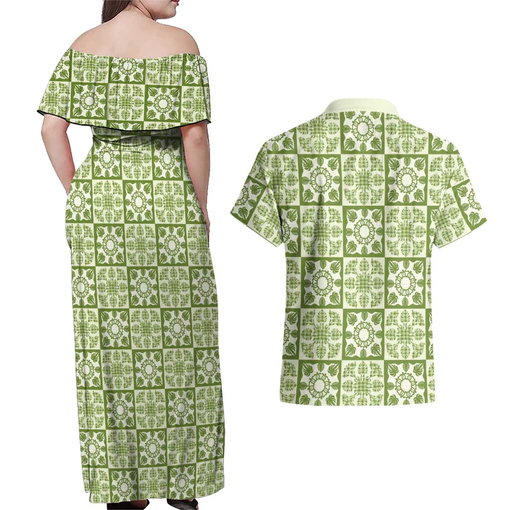 Omaomao Palaka Quilt Hawaii Couples Matching Off Shoulder Maxi Dress and Hawaiian Shirt Hawaiian Tropical Monstera Sea Turtle