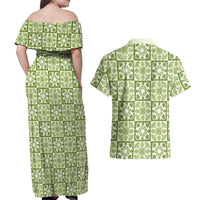 Omaomao Palaka Quilt Hawaii Couples Matching Off Shoulder Maxi Dress and Hawaiian Shirt Hawaiian Tropical Monstera Sea Turtle
