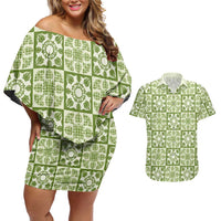 Omaomao Palaka Quilt Hawaii Couples Matching Off Shoulder Short Dress and Hawaiian Shirt Hawaiian Tropical Monstera Sea Turtle