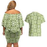 Omaomao Palaka Quilt Hawaii Couples Matching Off Shoulder Short Dress and Hawaiian Shirt Hawaiian Tropical Monstera Sea Turtle