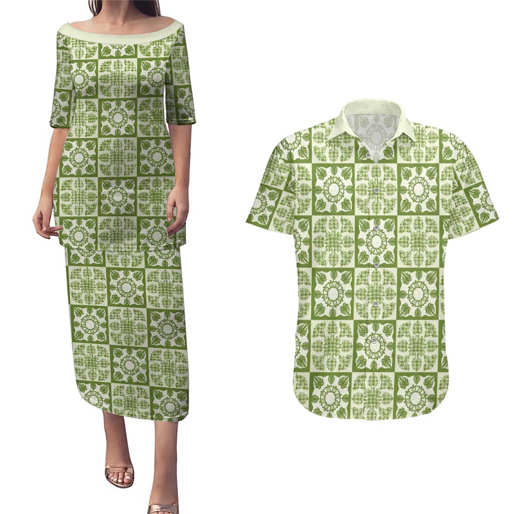 Omaomao Palaka Quilt Hawaii Couples Matching Puletasi and Hawaiian Shirt Hawaiian Tropical Monstera Sea Turtle