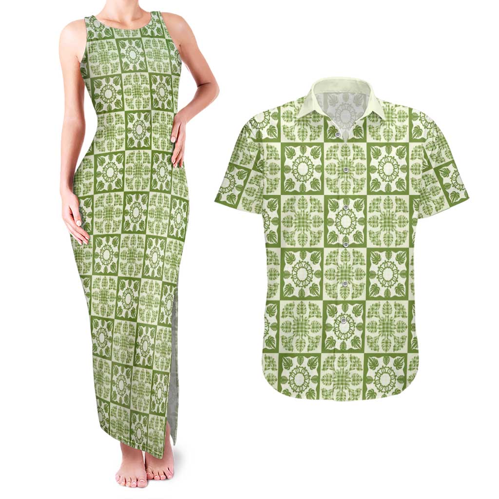 Omaomao Palaka Quilt Hawaii Couples Matching Tank Maxi Dress and Hawaiian Shirt Hawaiian Tropical Monstera Sea Turtle