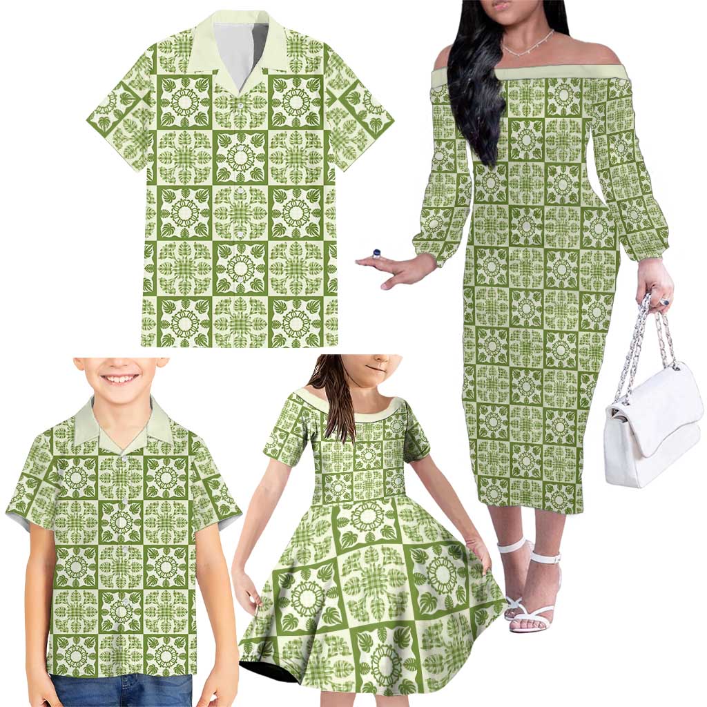 Omaomao Palaka Quilt Hawaii Family Matching Off The Shoulder Long Sleeve Dress and Hawaiian Shirt Hawaiian Tropical Monstera Sea Turtle LT14 - Polynesian Pride
