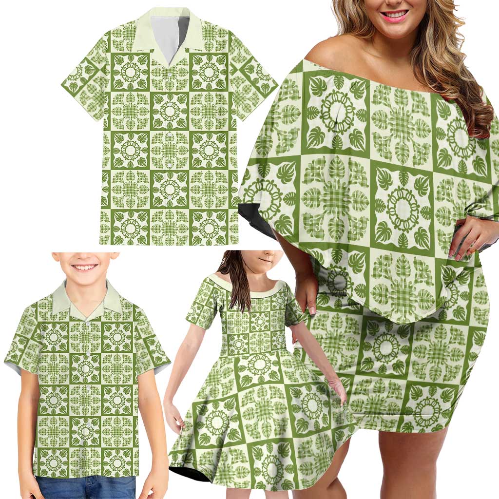 Omaomao Palaka Quilt Hawaii Family Matching Off Shoulder Short Dress and Hawaiian Shirt Hawaiian Tropical Monstera Sea Turtle