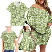 Omaomao Palaka Quilt Hawaii Family Matching Off Shoulder Short Dress and Hawaiian Shirt Hawaiian Tropical Monstera Sea Turtle