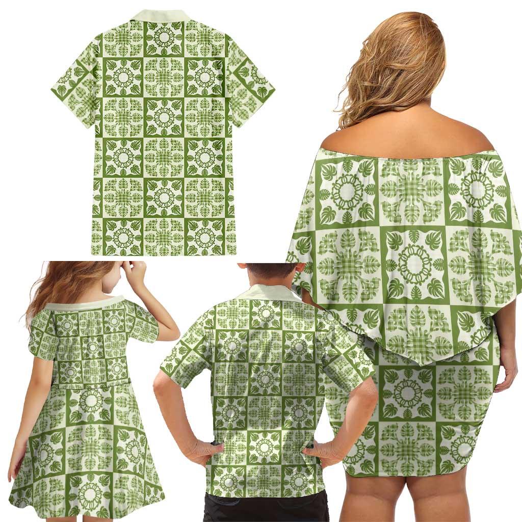 Omaomao Palaka Quilt Hawaii Family Matching Off Shoulder Short Dress and Hawaiian Shirt Hawaiian Tropical Monstera Sea Turtle